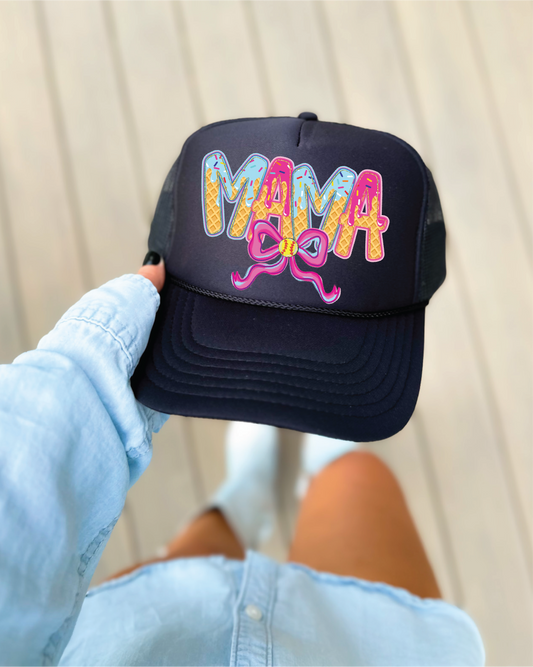 Softball Mama Icecream DTF Printed Black Trucker Hat