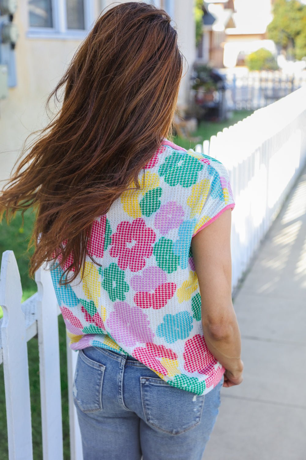 Spring Vibes Multicolor Floral Collar Notch Neck Waffle Knit Top - Southern Belles & Company Boutique