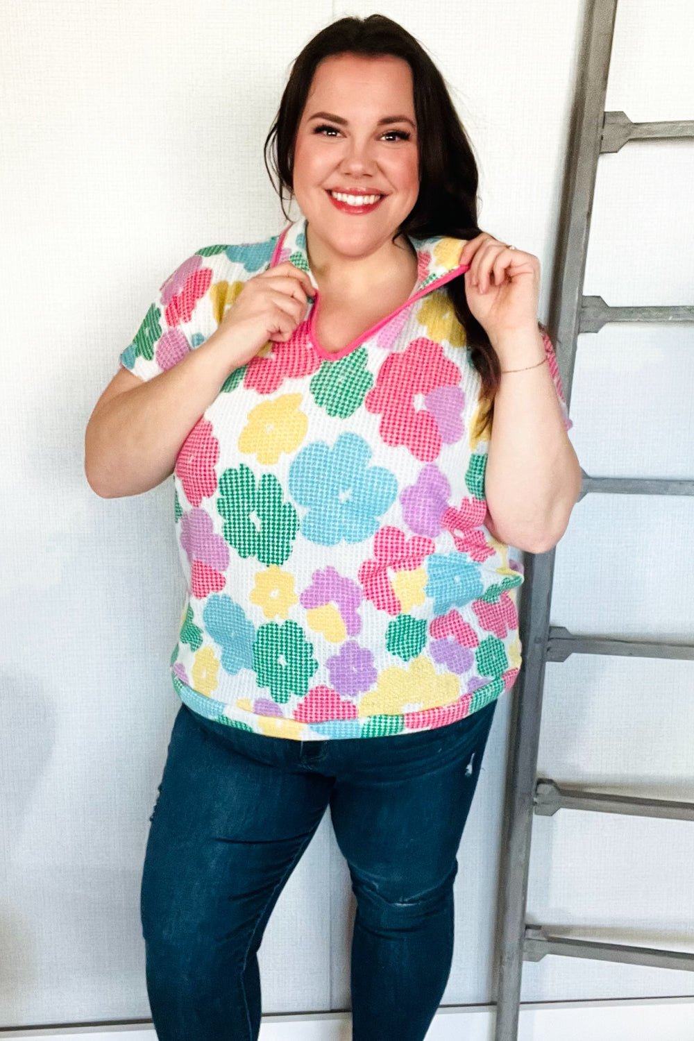 Spring Vibes Multicolor Floral Collar Notch Neck Waffle Knit Top - Southern Belles & Company Boutique