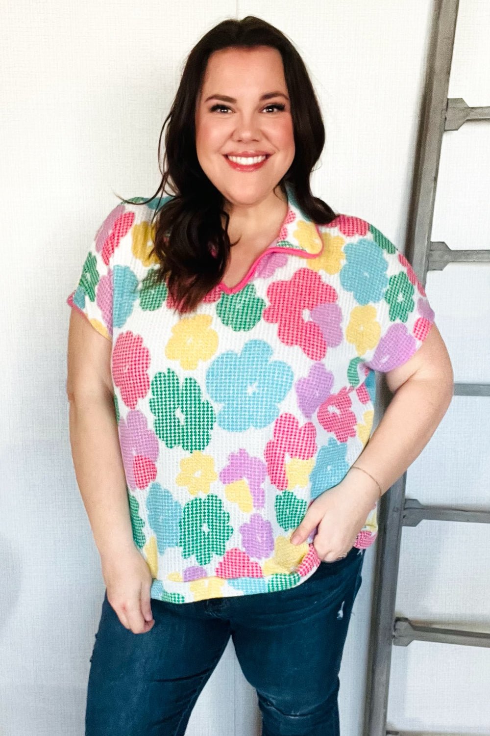 Spring Vibes Multicolor Floral Collar Notch Neck Waffle Knit Top - Southern Belles & Company Boutique