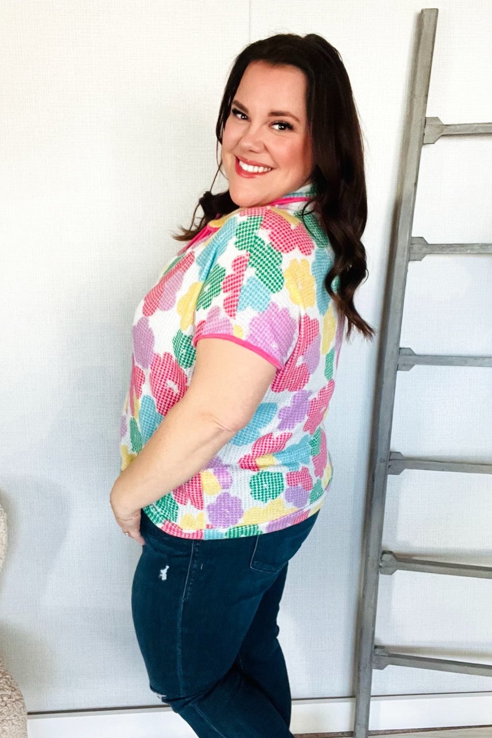 Spring Vibes Multicolor Floral Collar Notch Neck Waffle Knit Top - Southern Belles & Company Boutique