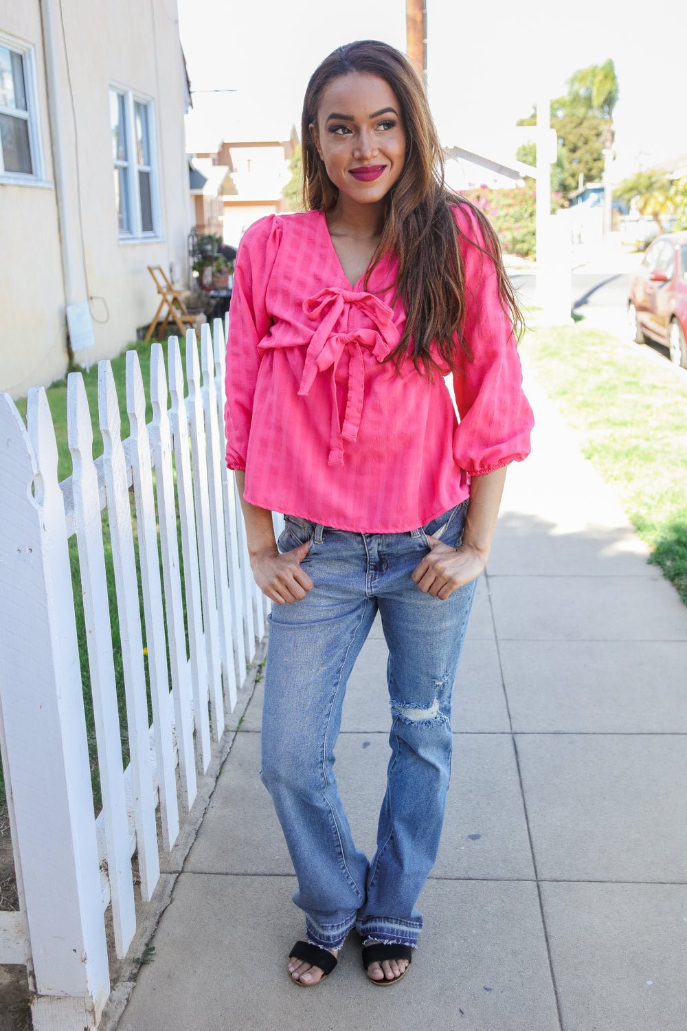 Stay With Me Pink V Neck Ribbon Bow Babydoll Woven Blouse - Southern Belles & Company Boutique