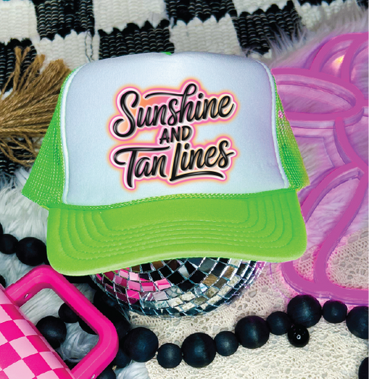 Sunshine and Tan Lines- DTF Printed - UNISEX Neon Green and White Trucker Hat