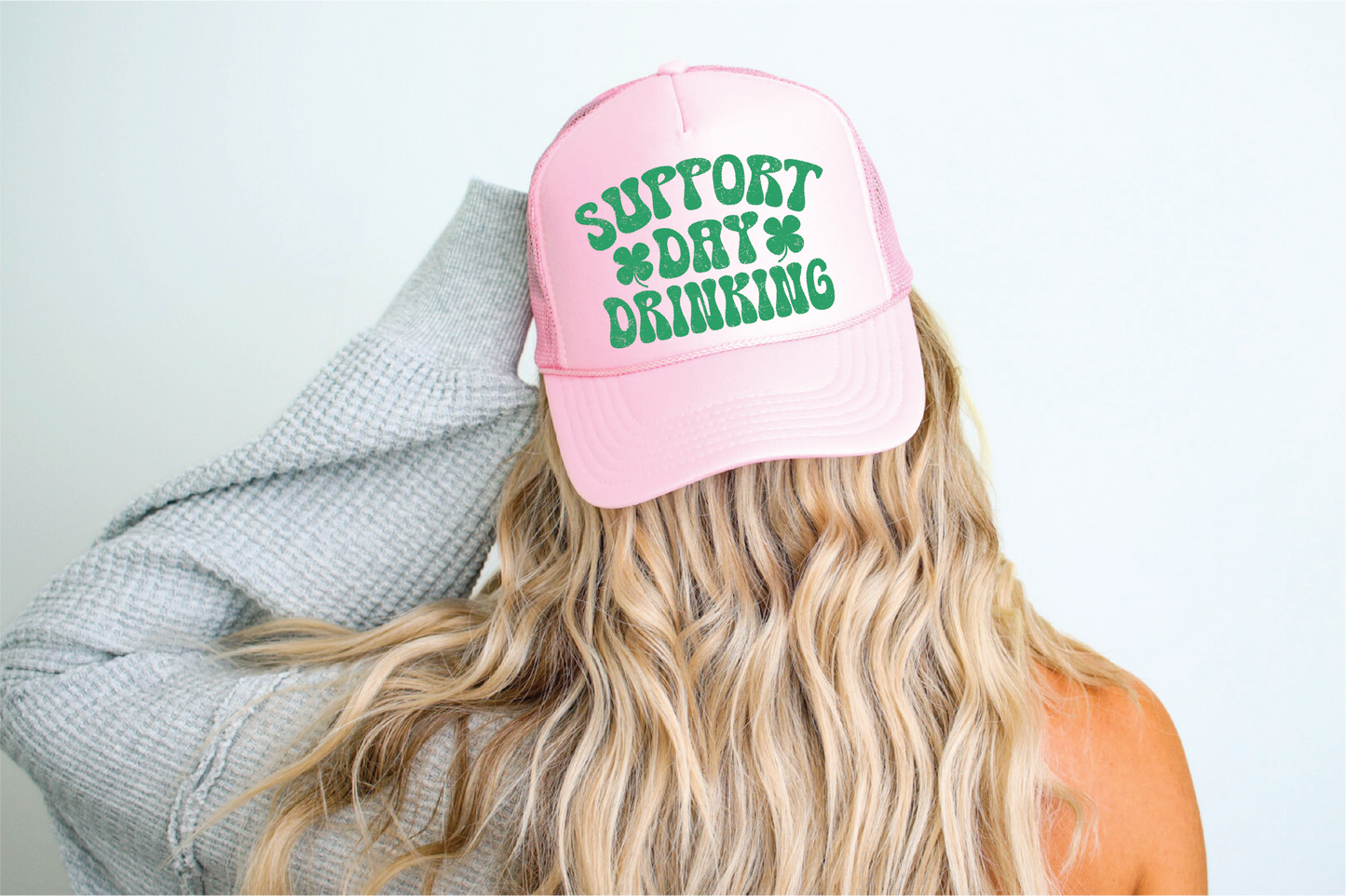 HD Custom- Support Day Drinking  DTF Printed Pink Trucker Hat