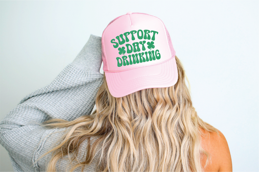 HD Custom- Support Day Drinking  DTF Printed Pink Trucker Hat