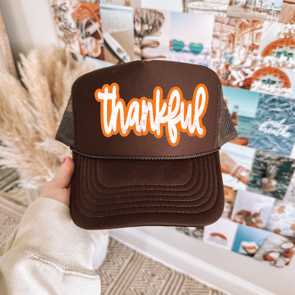 Thankful in orange on a Brown Hat