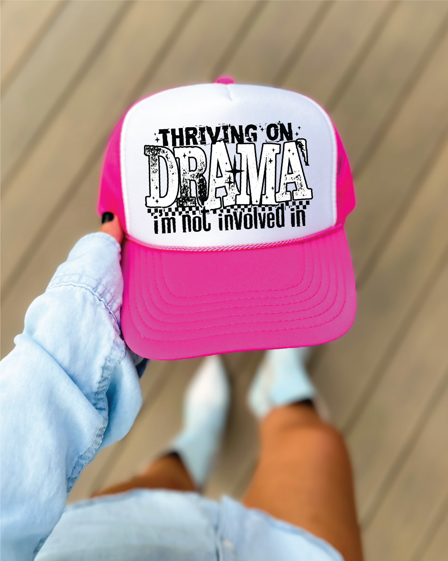 Thriving on Drama DTF Printed Hot Pink and White Trucker Hat