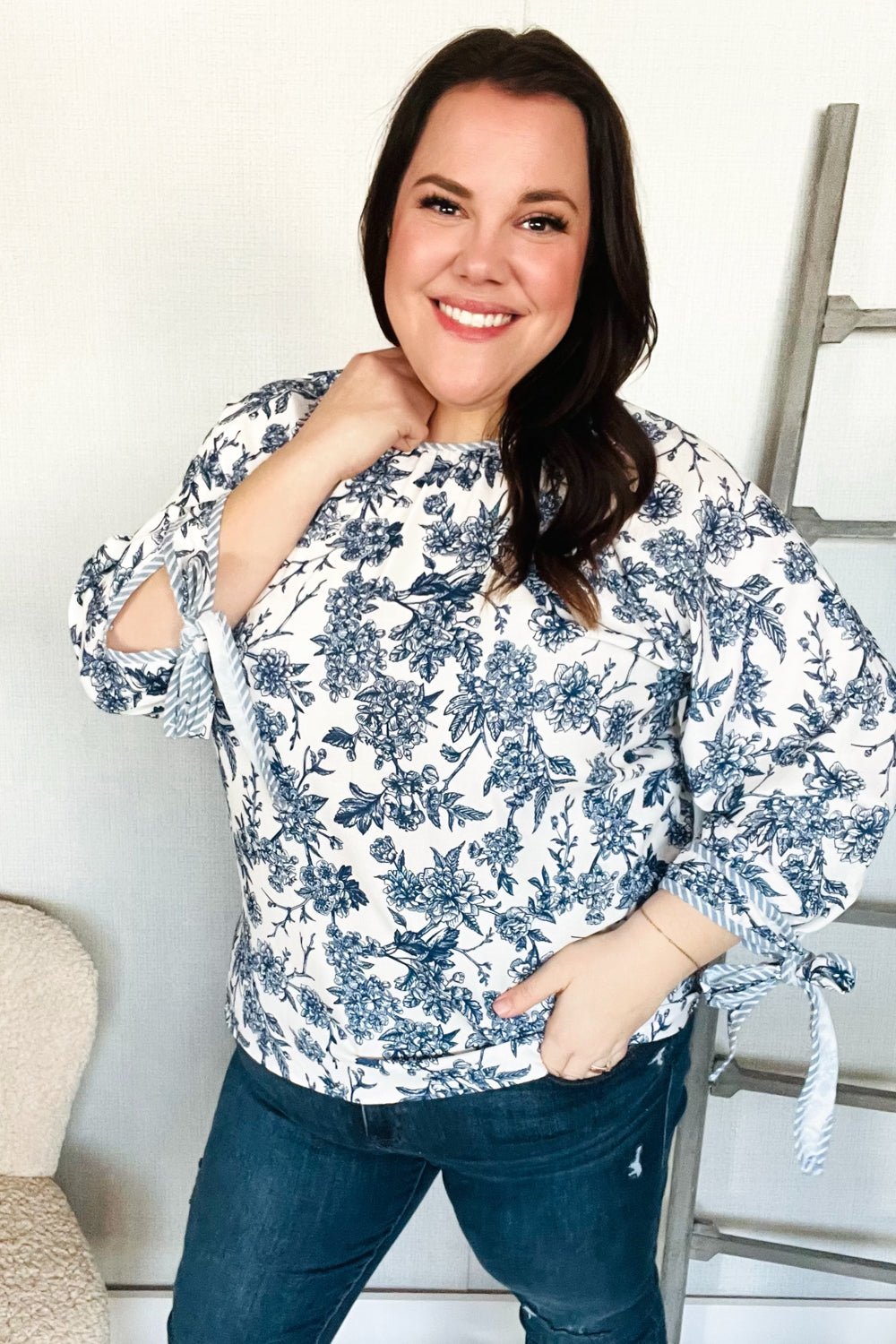 Vintage Chic Navy & Ivory Three - Quarter Bow Sleeve Contrast Stripe Blouse - Southern Belles & Company Boutique