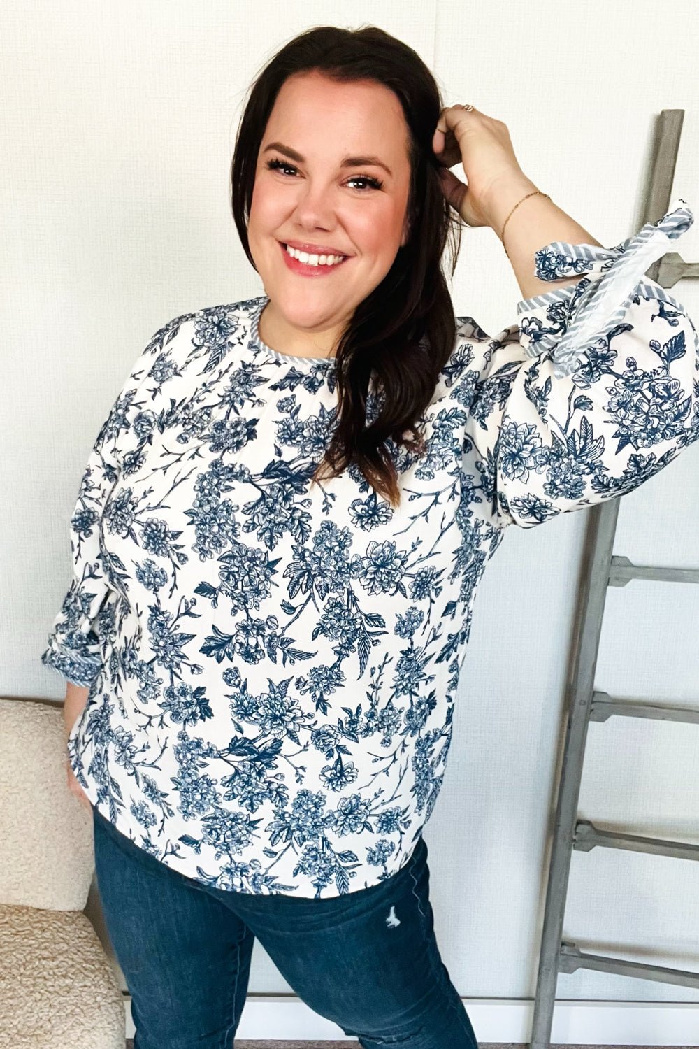 Vintage Chic Navy & Ivory Three - Quarter Bow Sleeve Contrast Stripe Blouse - Southern Belles & Company Boutique