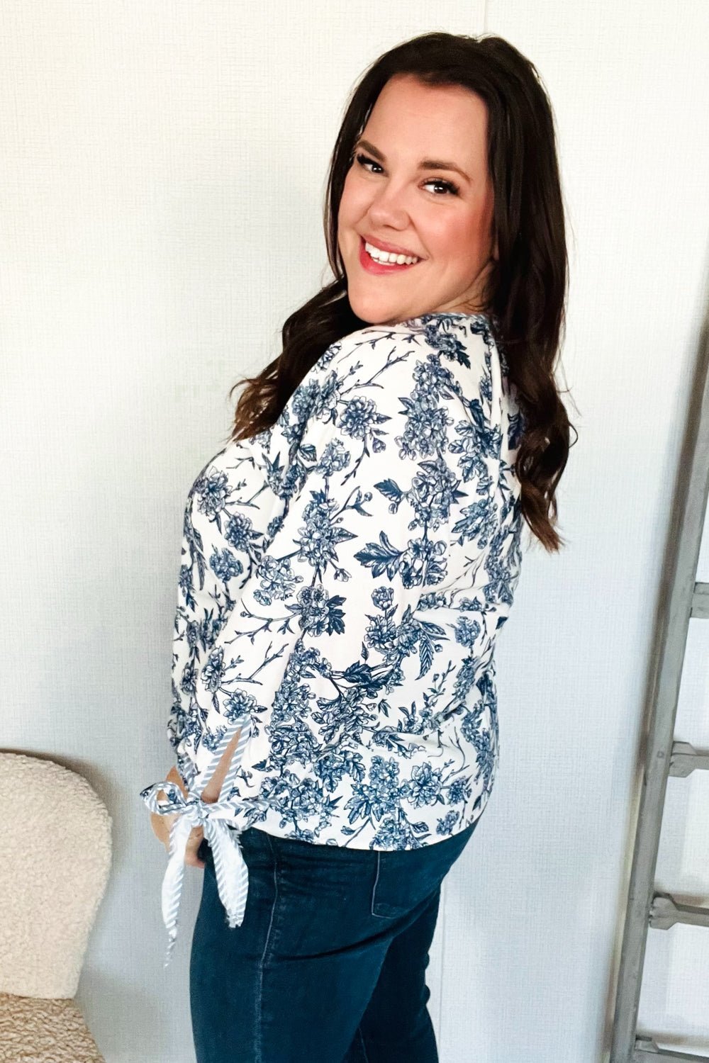 Vintage Chic Navy & Ivory Three - Quarter Bow Sleeve Contrast Stripe Blouse - Southern Belles & Company Boutique