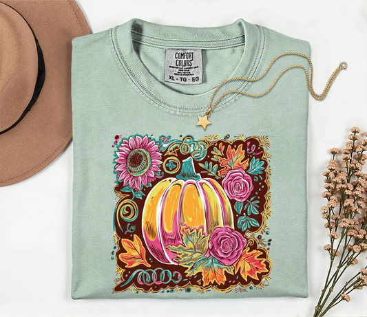 Watercolor Floral Pumpkin Fall Graphic T-Shirt