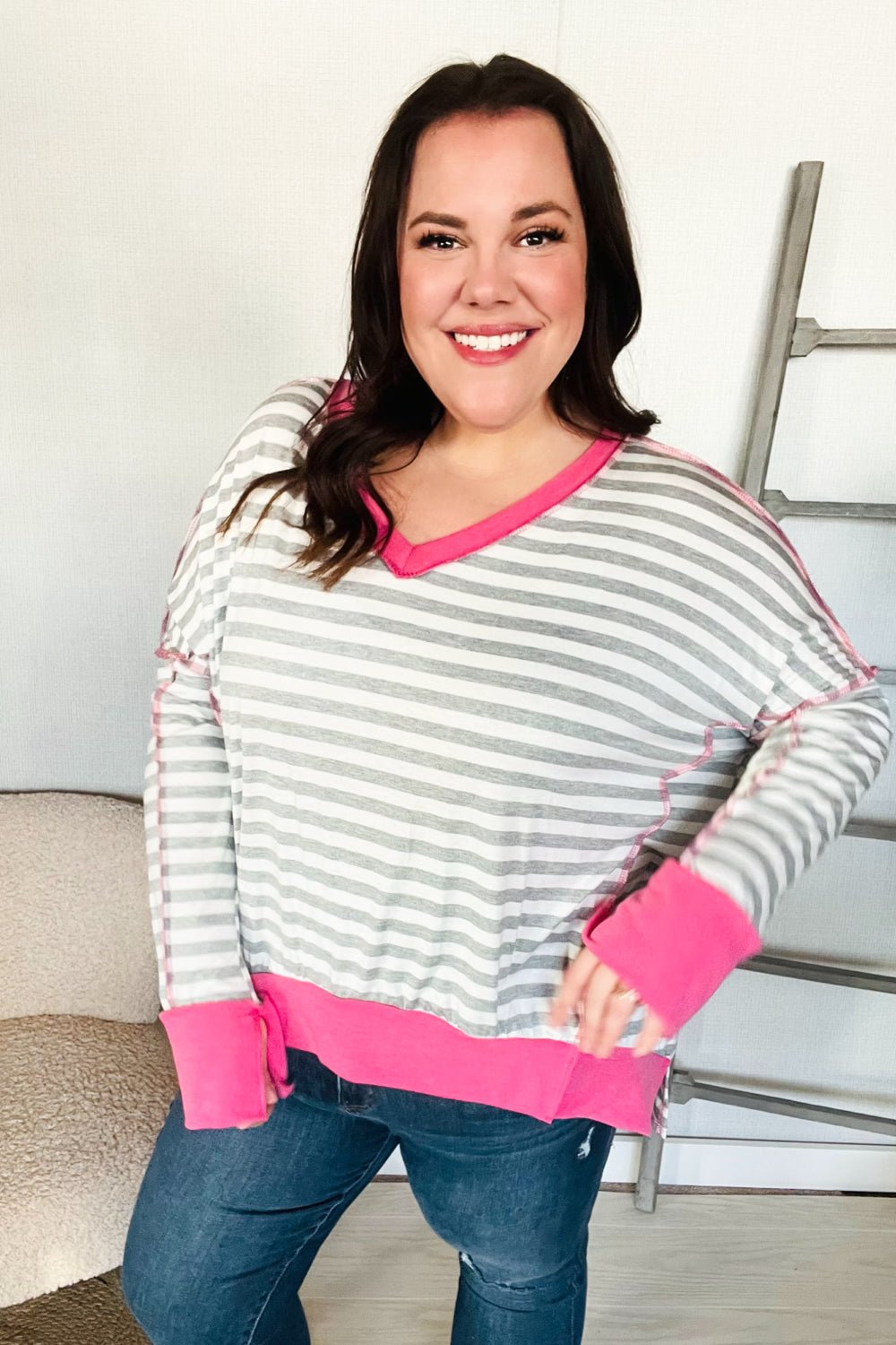 Weekend Ready Heather Grey Stripe Hi - Lo Out Seam Stitch Pullover - Southern Belles & Company Boutique