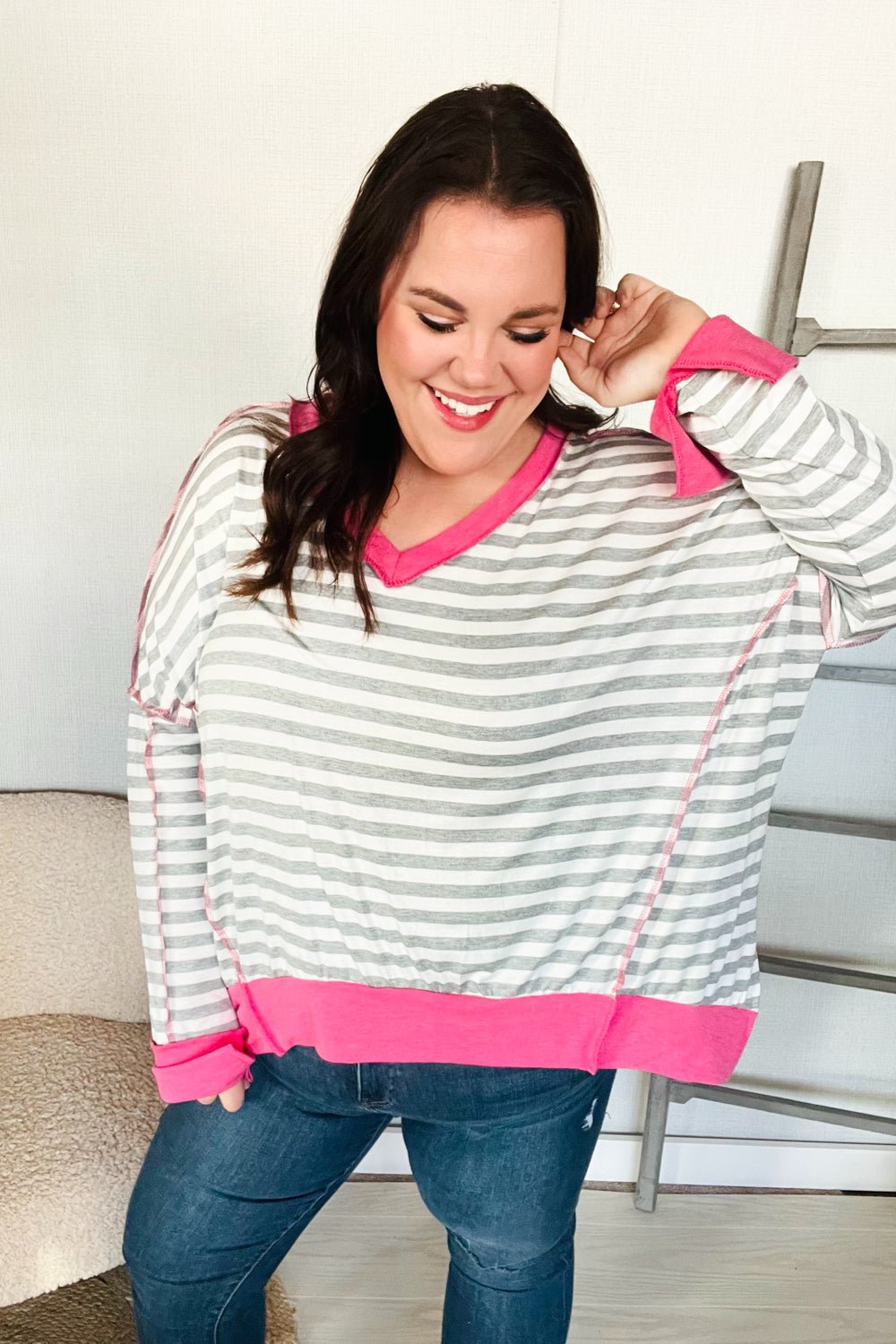 Weekend Ready Heather Grey Stripe Hi - Lo Out Seam Stitch Pullover - Southern Belles & Company Boutique