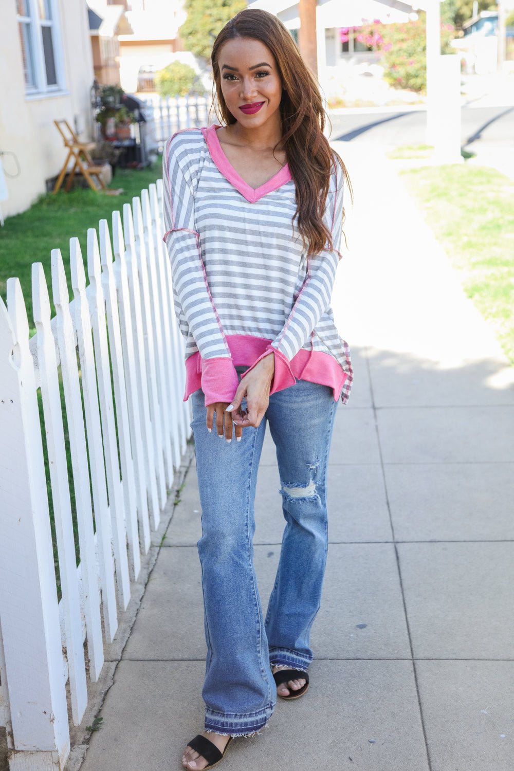 Weekend Ready Heather Grey Stripe Hi - Lo Out Seam Stitch Pullover - Southern Belles & Company Boutique