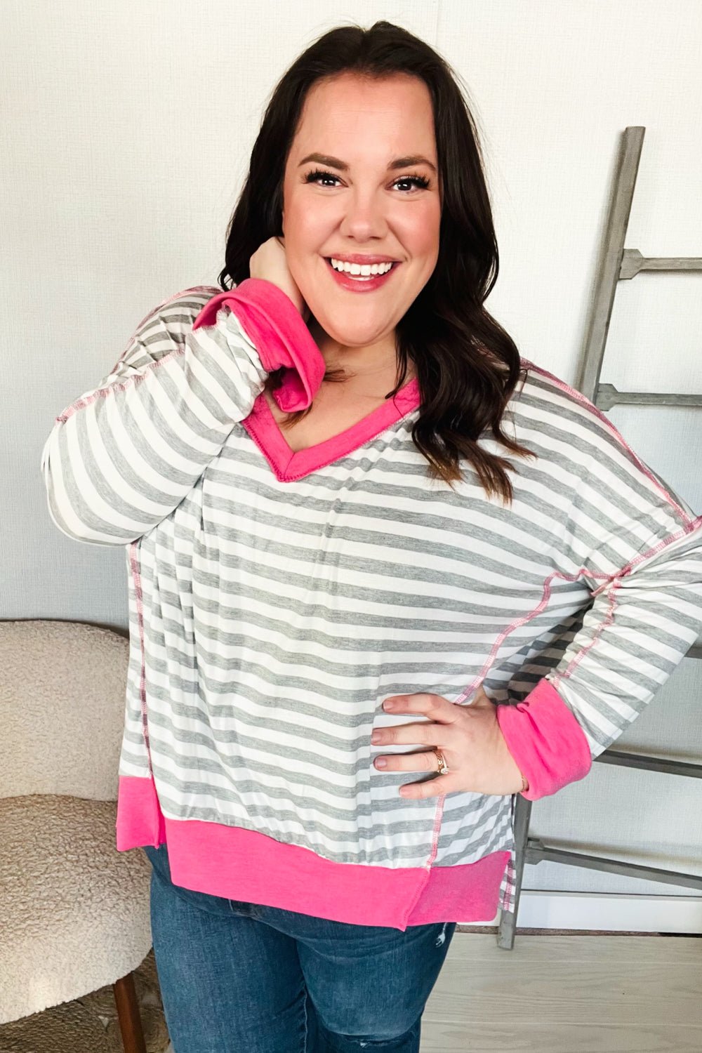 Weekend Ready Heather Grey Stripe Hi - Lo Out Seam Stitch Pullover - Southern Belles & Company Boutique
