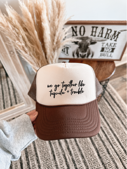 Tequila and Trouble DTF Printed Brown and Tan Trucker Hat