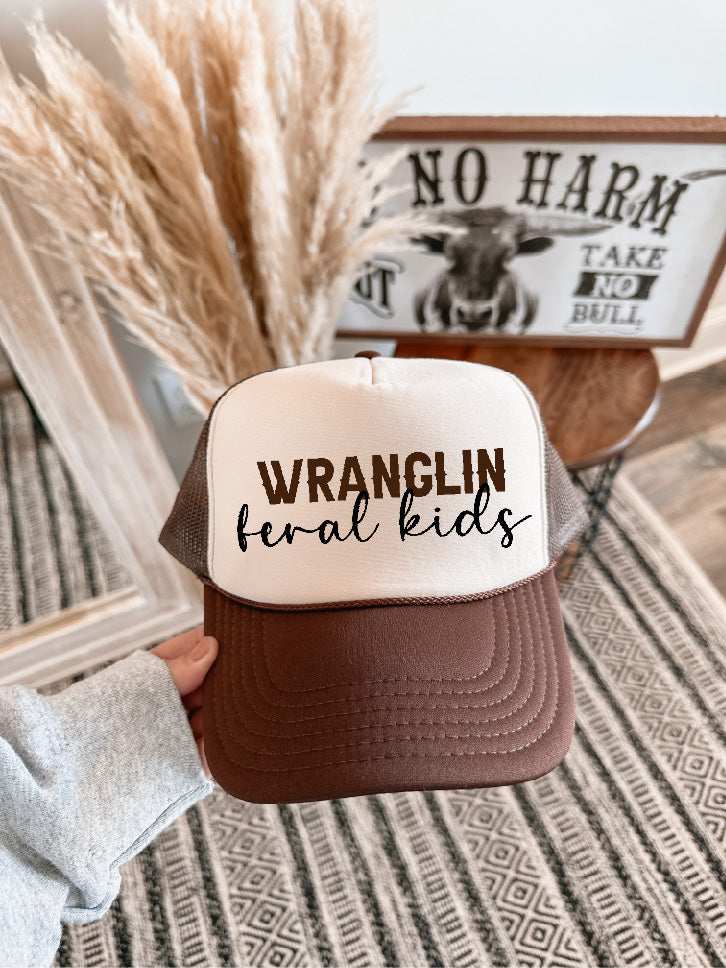 Wranglin Feral Kids DTF Printed Brown & Tan Trucker Hat/ Brown & Black Ink