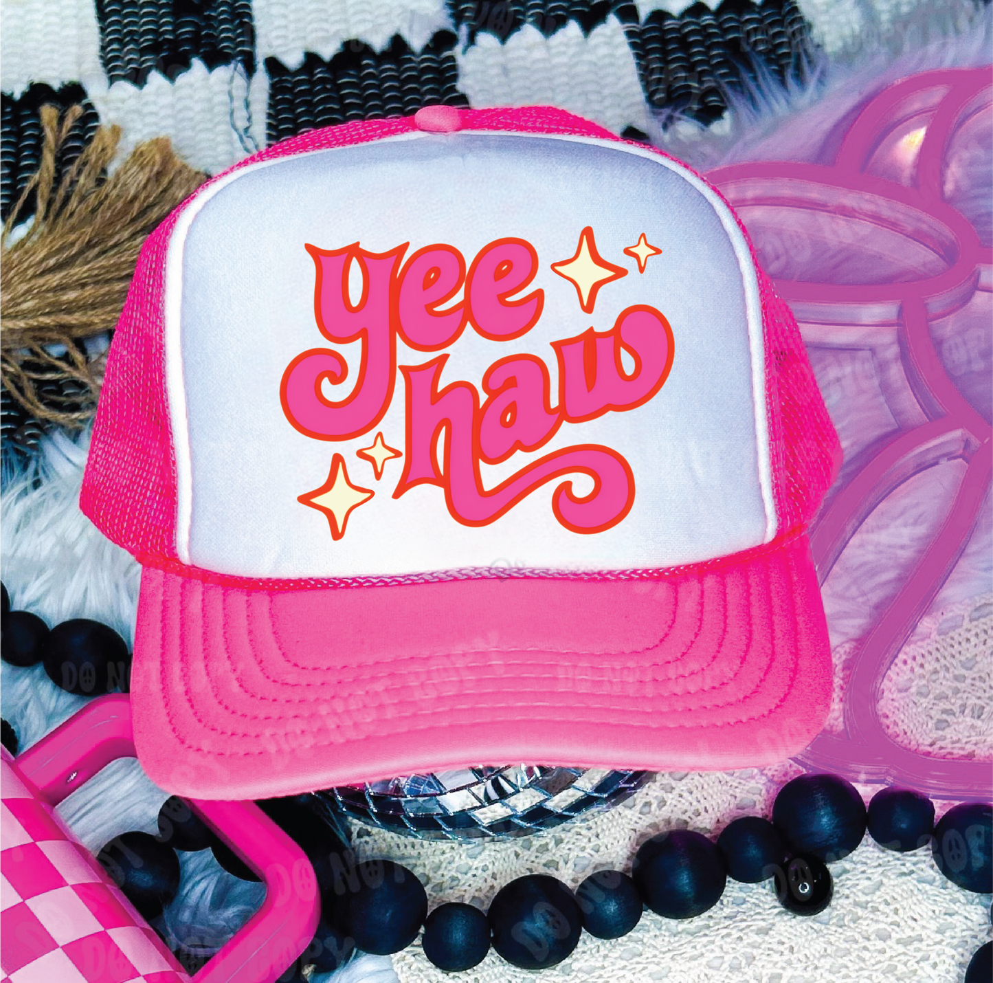 Yee Haw DTF Printed Hot Pink and White Trucker Hat